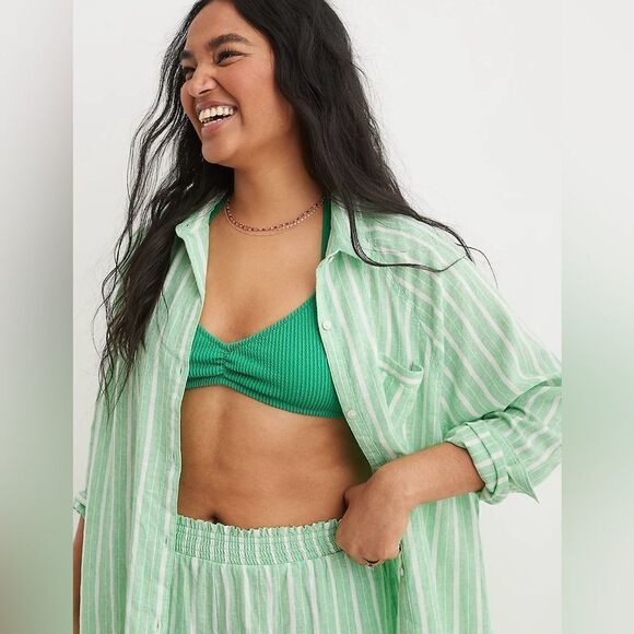 aerie S Celebrity Green White Stripe Pool-to-Party Linen Blend Cover up Shirt - Picture 3 of 17